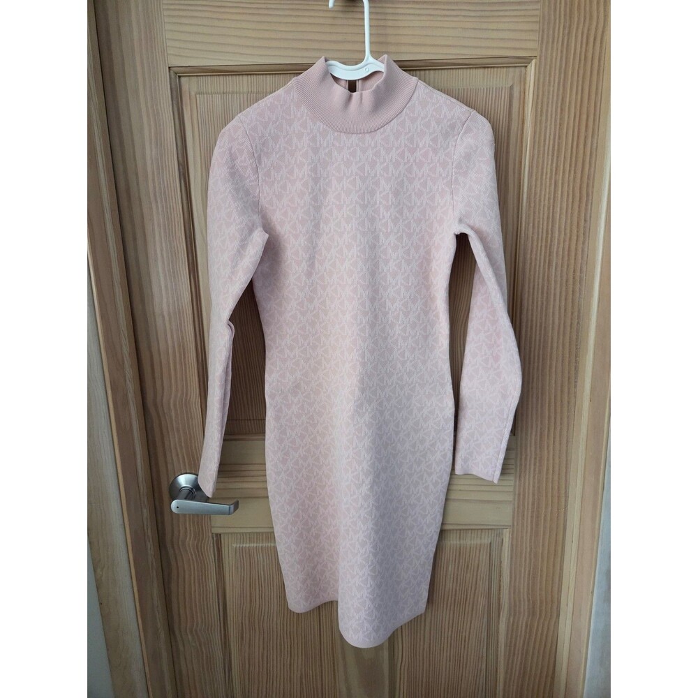 Michael Kors Pink Bodycon Dress White Logo Tight Mock Neck Long Sleeve XS